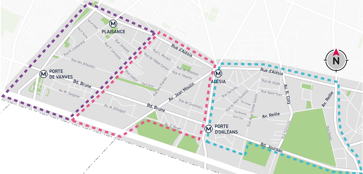 Plan des quartiers Sud 14e : Porte de Vanves - Plaisance / Didot - Jean Moulin / Montsouris