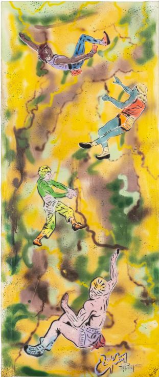 EPSYLON POINT (Etienne LELONG, dit) "Les grimpeurs libres" vers 1990 Peinture, Aérosol sur toile  141,6 x 69,8 x 2 cm