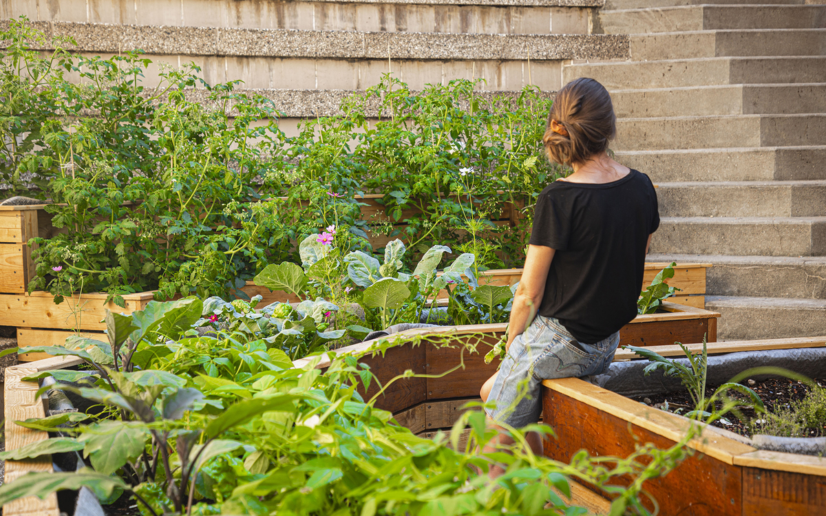 Une femme est assise sur le rebord d'une jardinière dans un cadre végétal.