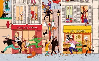 Illustration colorée montrant une façade d'immeuble parisien avec des Parisiens en mouvement