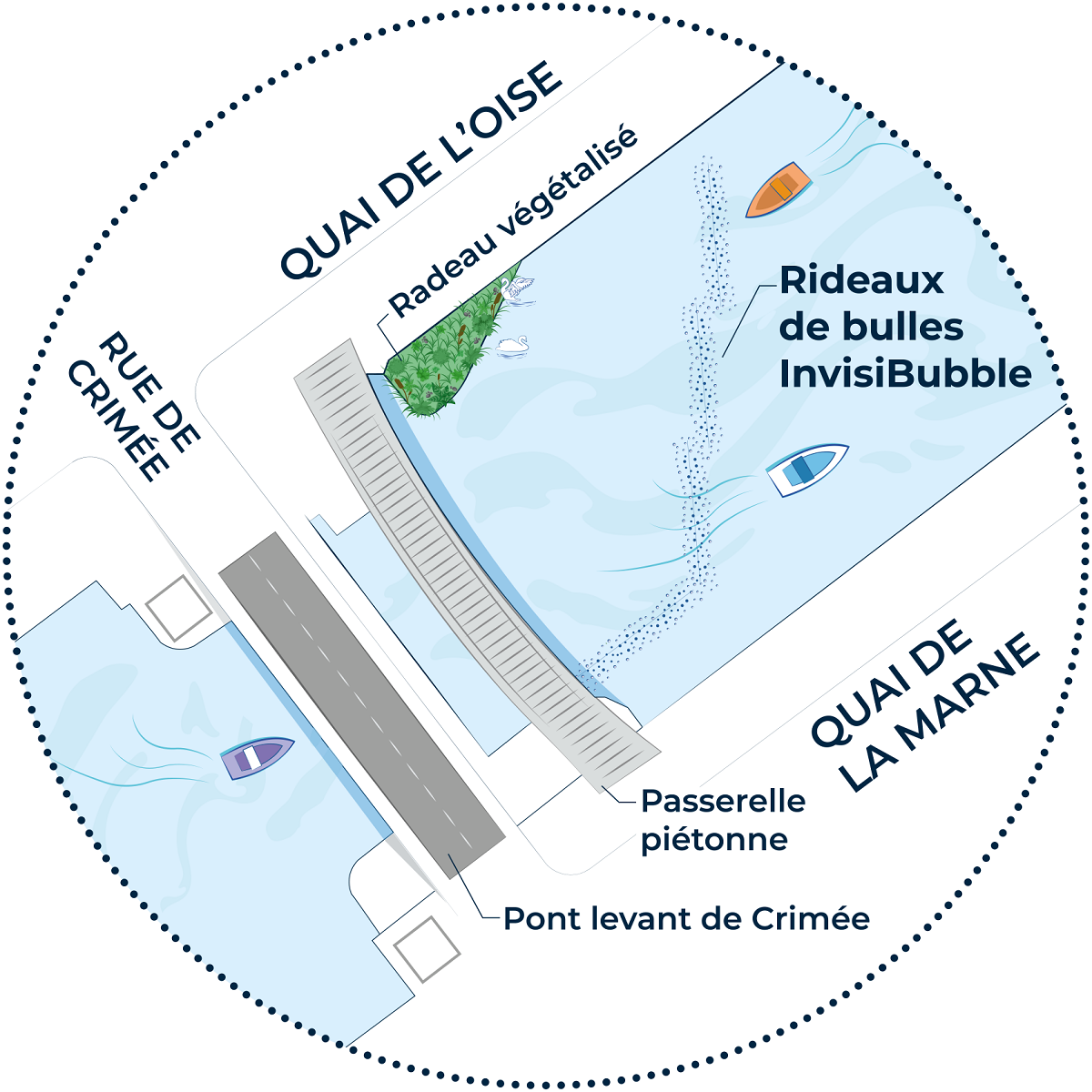 Visuel du plan de déploiement du rideau de bulles, qui sera situé entre le quai de la Marne et celui de l'Oise, au niveau du pont de Crimée