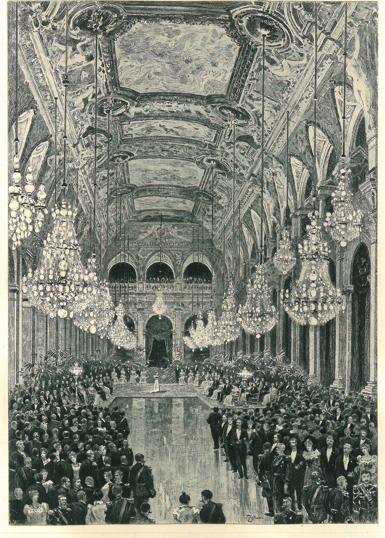 Dessin de La salle des fêtes de l'Hôtel de Ville à l'occasion de la visite de l'empereur de Russie
