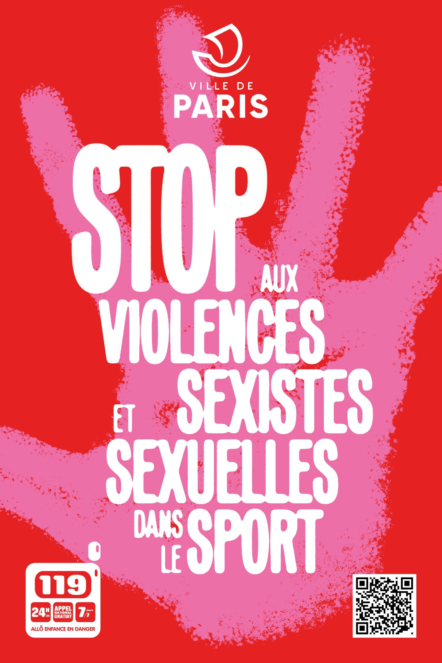 Affiche de la campagne contre les violences sexistes et sexuelles dans le sport. Le 119 est le Numéro d'appel Allo Enfance en Danger. Gratuit, il est accessible sept jours sur sept et 24 heures sur 24.