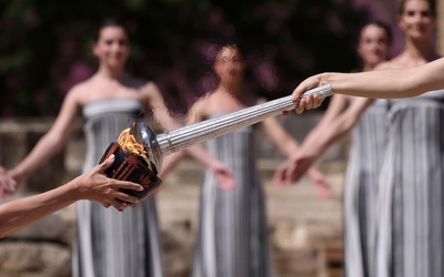 The Olympic flame lit in Olympia in front of the Temple of Hera, April 16, 2024.