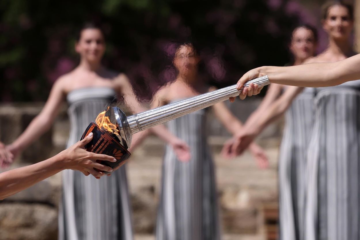 The Olympic flame lit in Olympia in front of the Temple of Hera, April 16, 2024.
