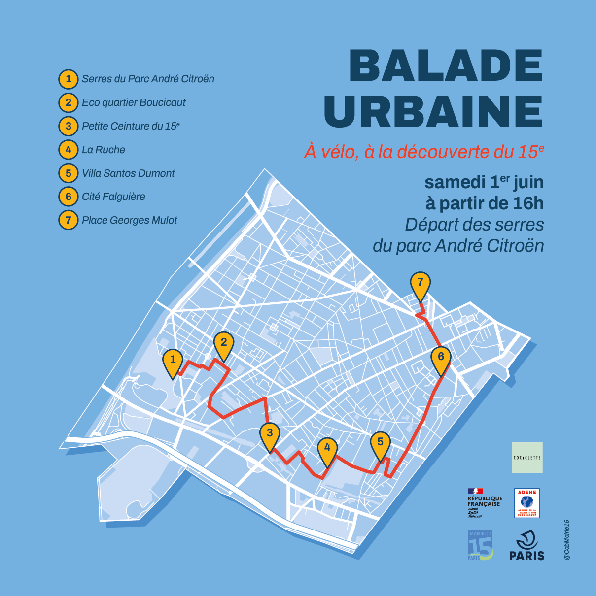 carte avec le trajet de la balade urbaine organisée dans le cadre de la fête du vélo