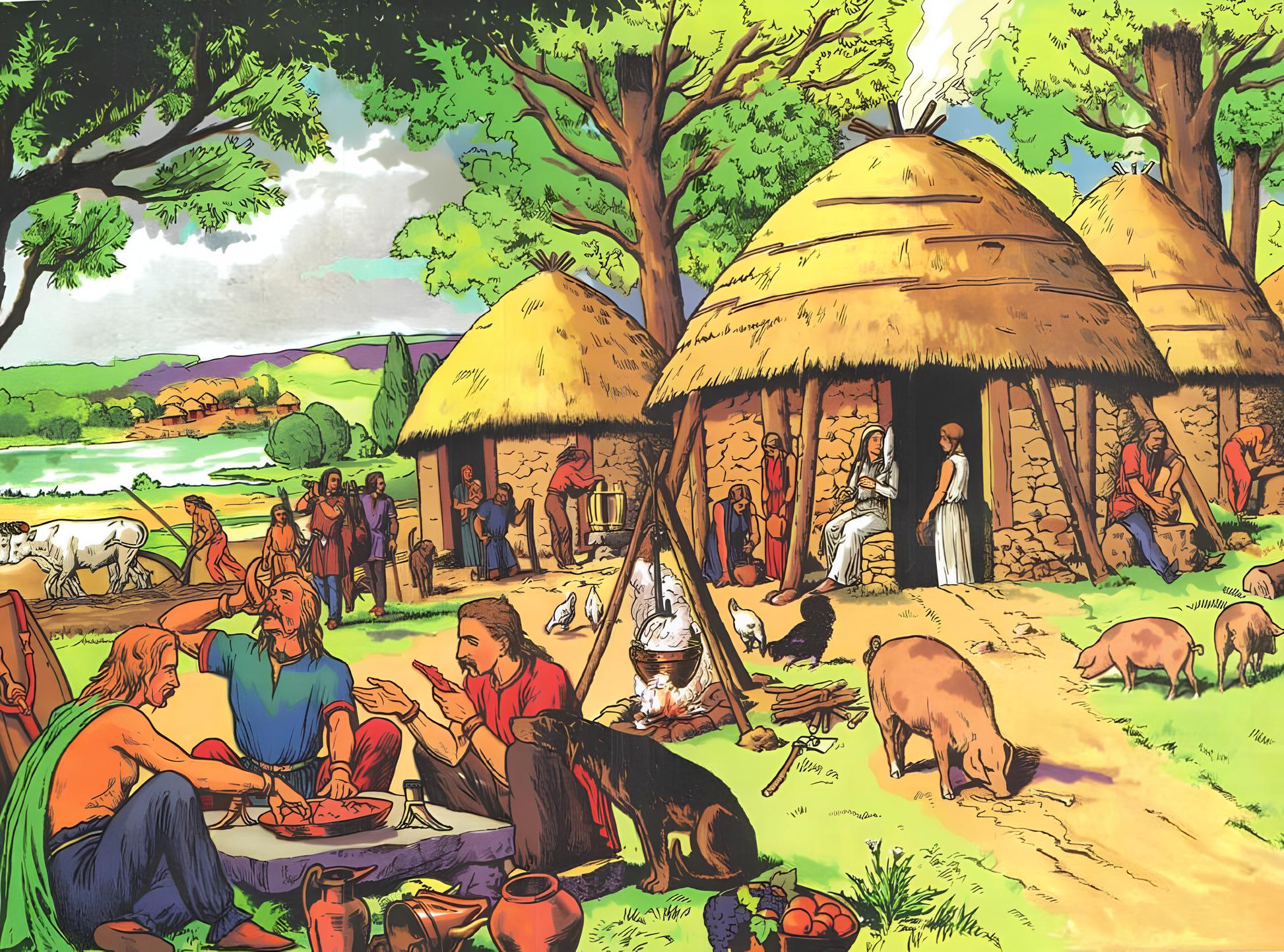 Un village composé de huttes circulaires aménagées à l'orée d'une forêt