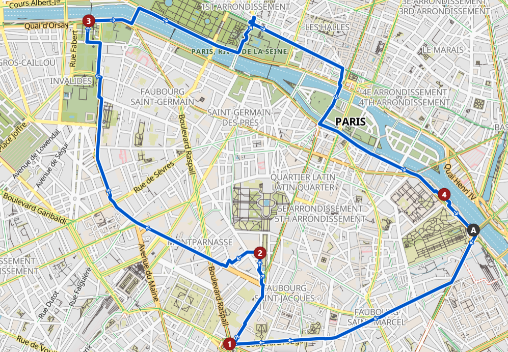 carte du trajet avec l'itinéraire en bleu au cœur de Paris