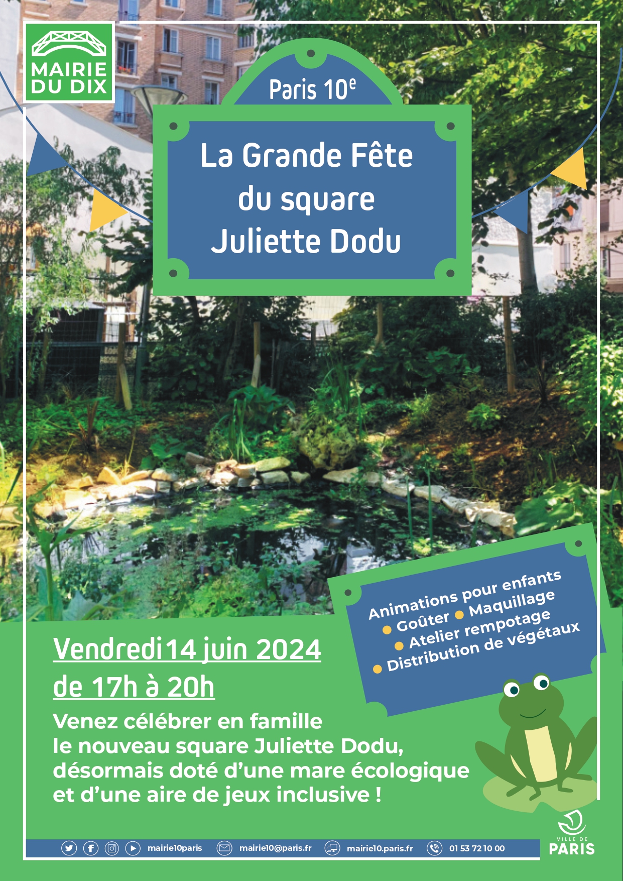 Affiche avec photo d'une mare écologique et une plaque au nom du square Juliette Dodu