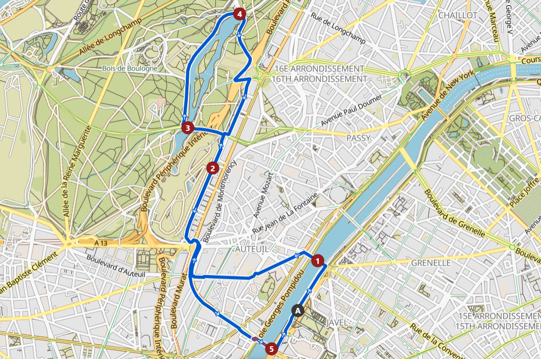 carte du trajet avec l'itinéraire en bleu au Bois de Boulogne
