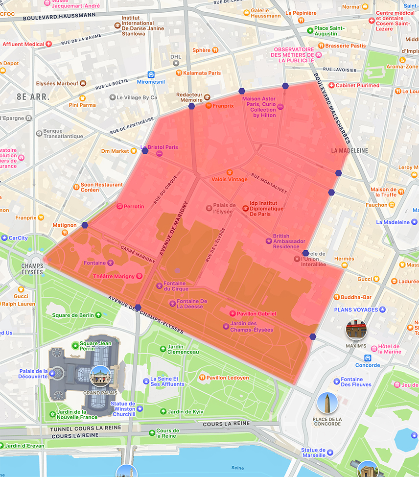 carte présentant une zone rouge autour de l'Élysée 