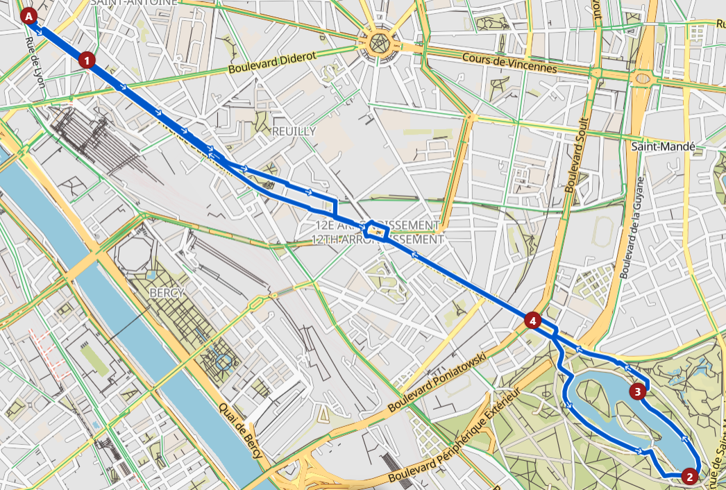carte du trajet avec l'itinéraire en bleu sur la coulée verte et dans le bois de Vincennes