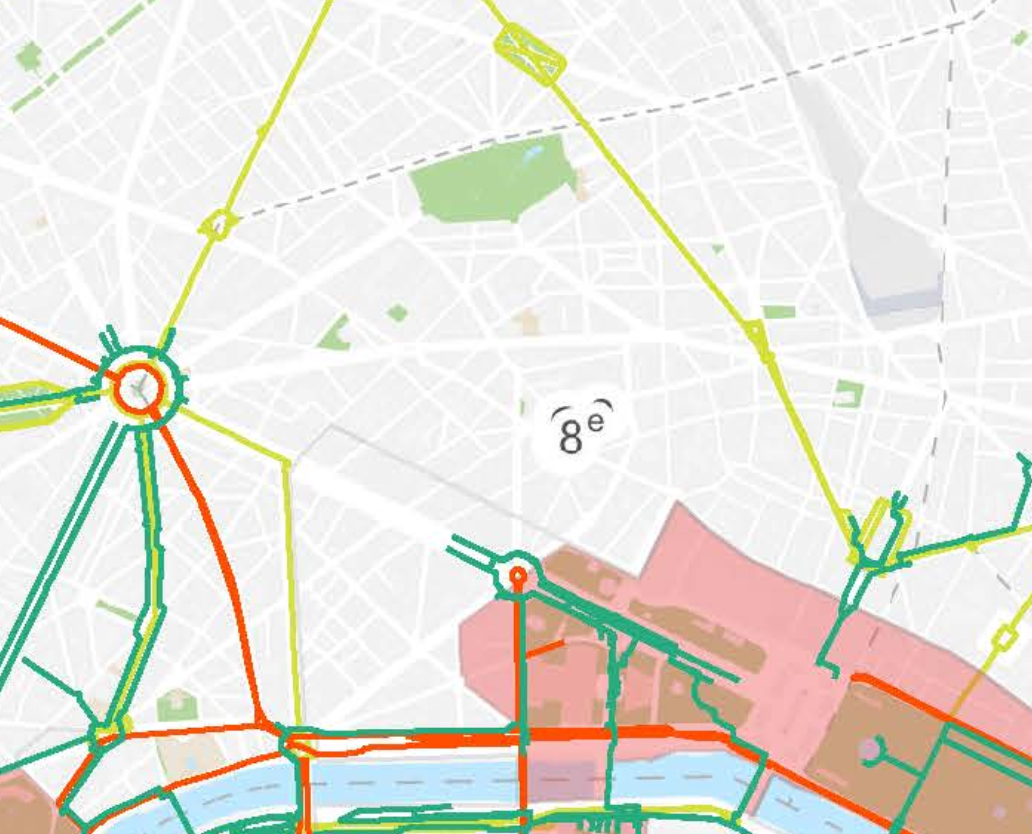 carte du 8e arrondissement avec des rues en zone rouge et en zone verte