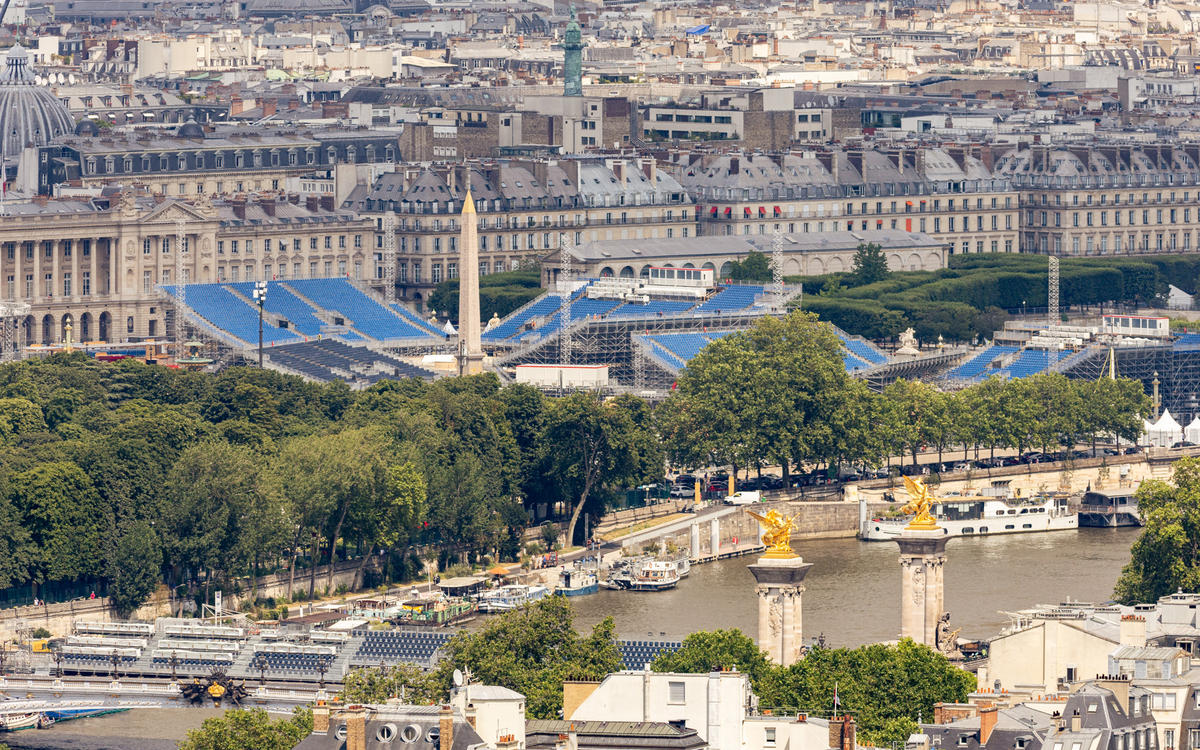 View from the Eiffel Tower of the temporary JOP site at Concorde.