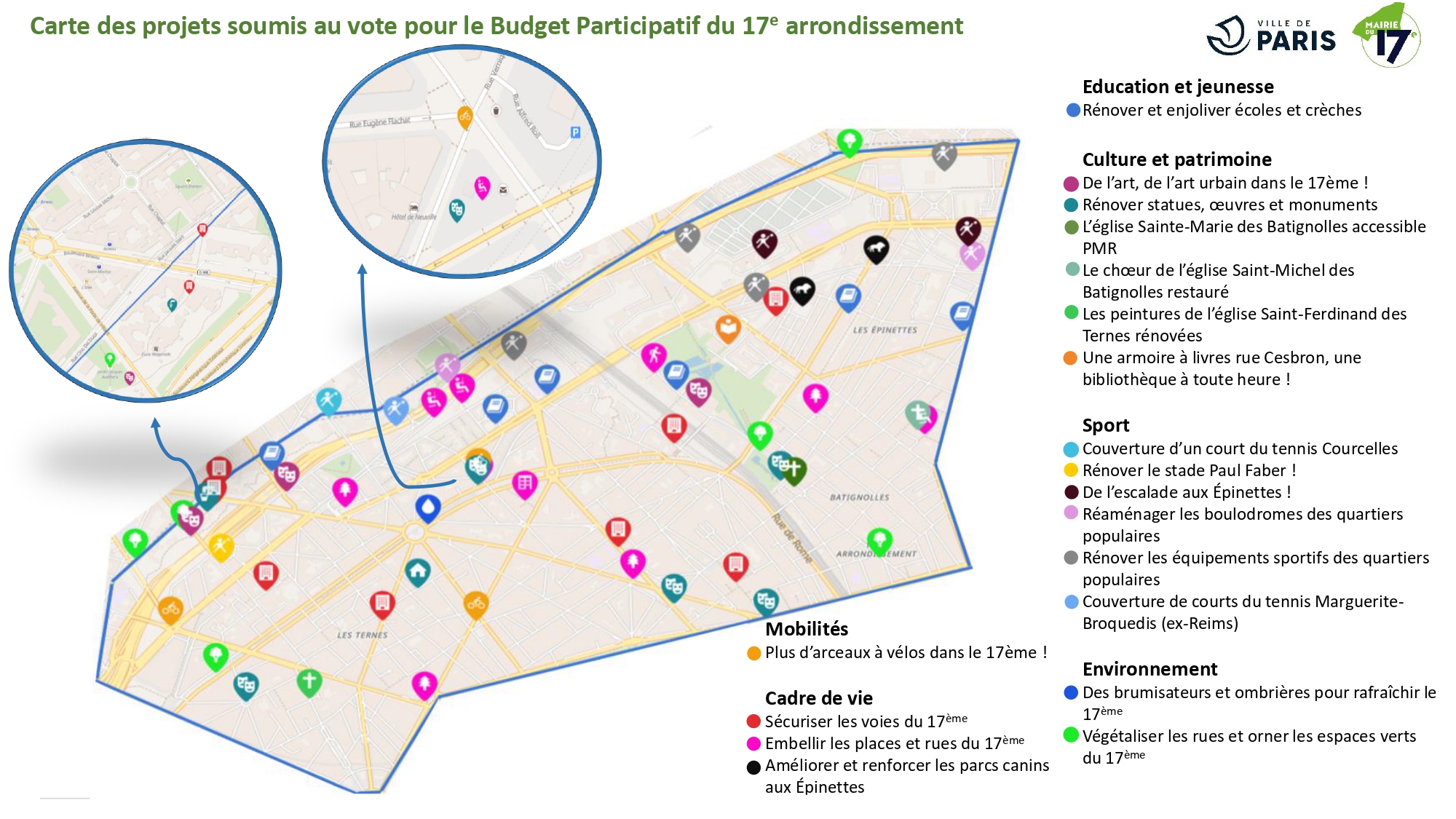 Carte décrivant les emplacements des projets Budget Participatif 2024