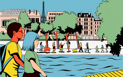 Illustration montrant des personnes marchant à Paris le long de la Seine, parmi la végétation. Transition écologique et sociale 