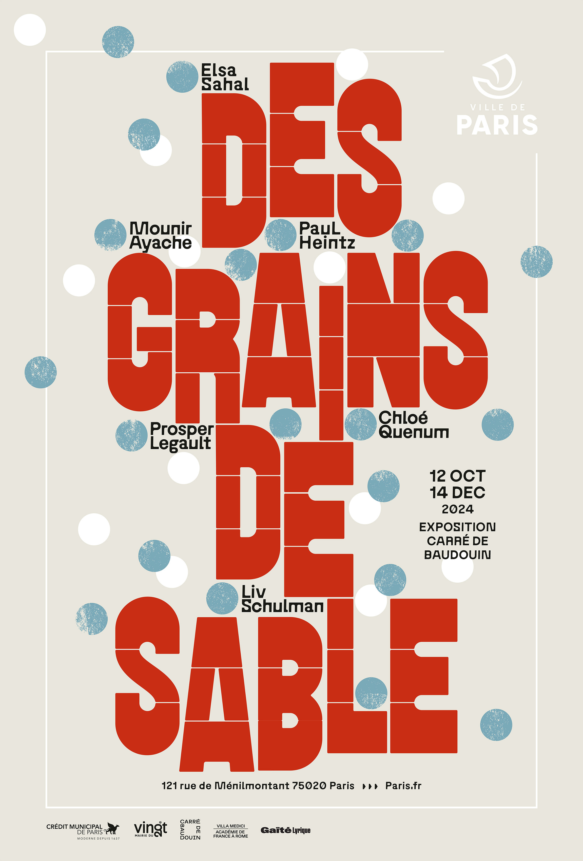 affiche sur fond gris avec une typo rouge "Des grains de sable" 