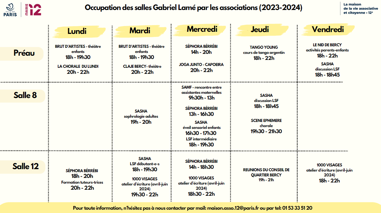 planning d'occupation associatives à Gabriel Lamé 2023-2024