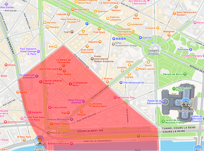 Zone rouge sur une partie du triangle d'or affichée sur le plan du 8e arrondissement