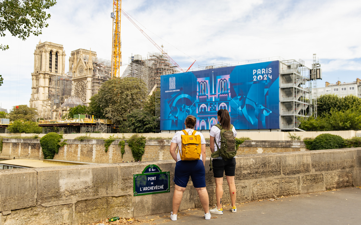View of the bleachers installed on the banks of the Seine for the Olympic Games