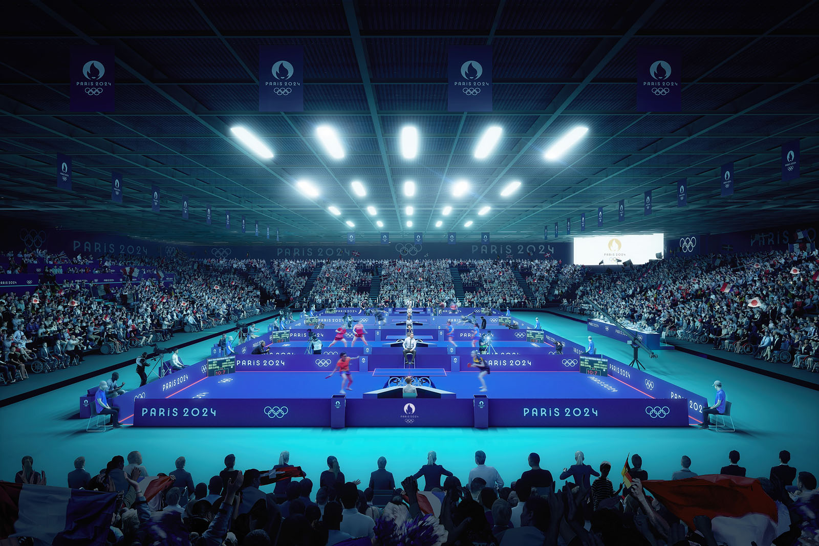 Visual Concept de l’intérieur du site de compétition de l’Arena Paris Sud, Porte de Versailles à Paris – Version Jeux Olympiques, pour le tennis de table