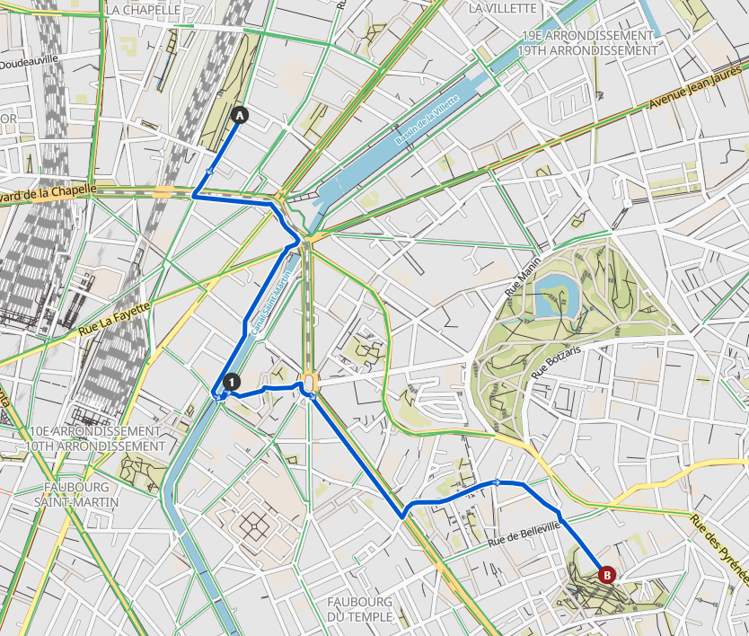 Capture d'écran d'un itinéraire Komoot dans les 18e et 19e arrondissements de Paris