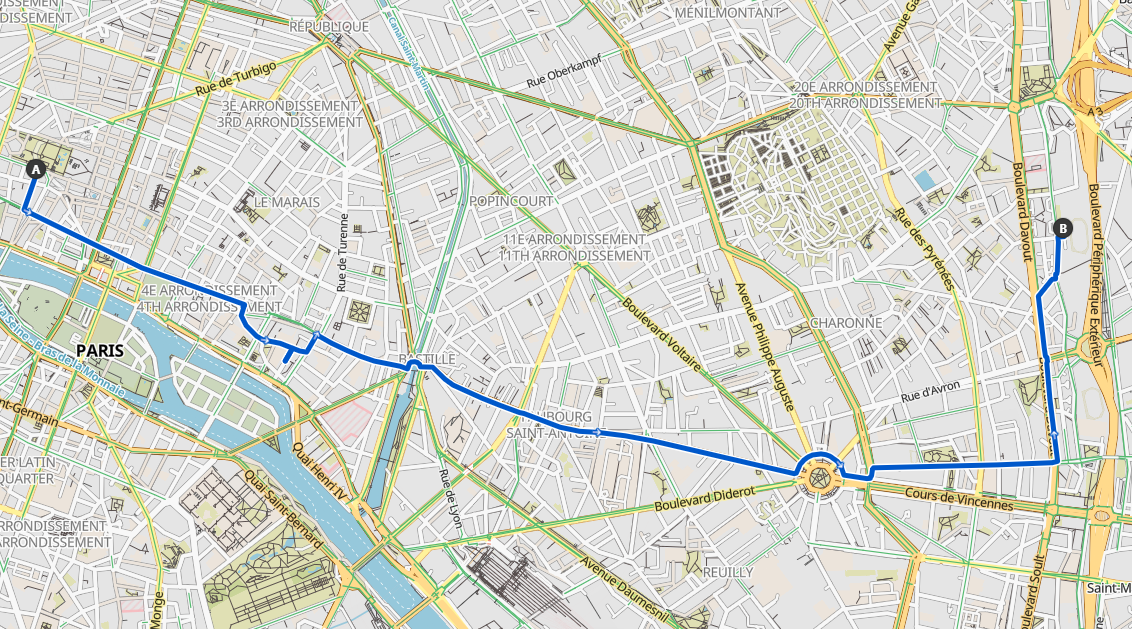 Capture d'écran d'un itinéraire Komoot à l'est de Paris
