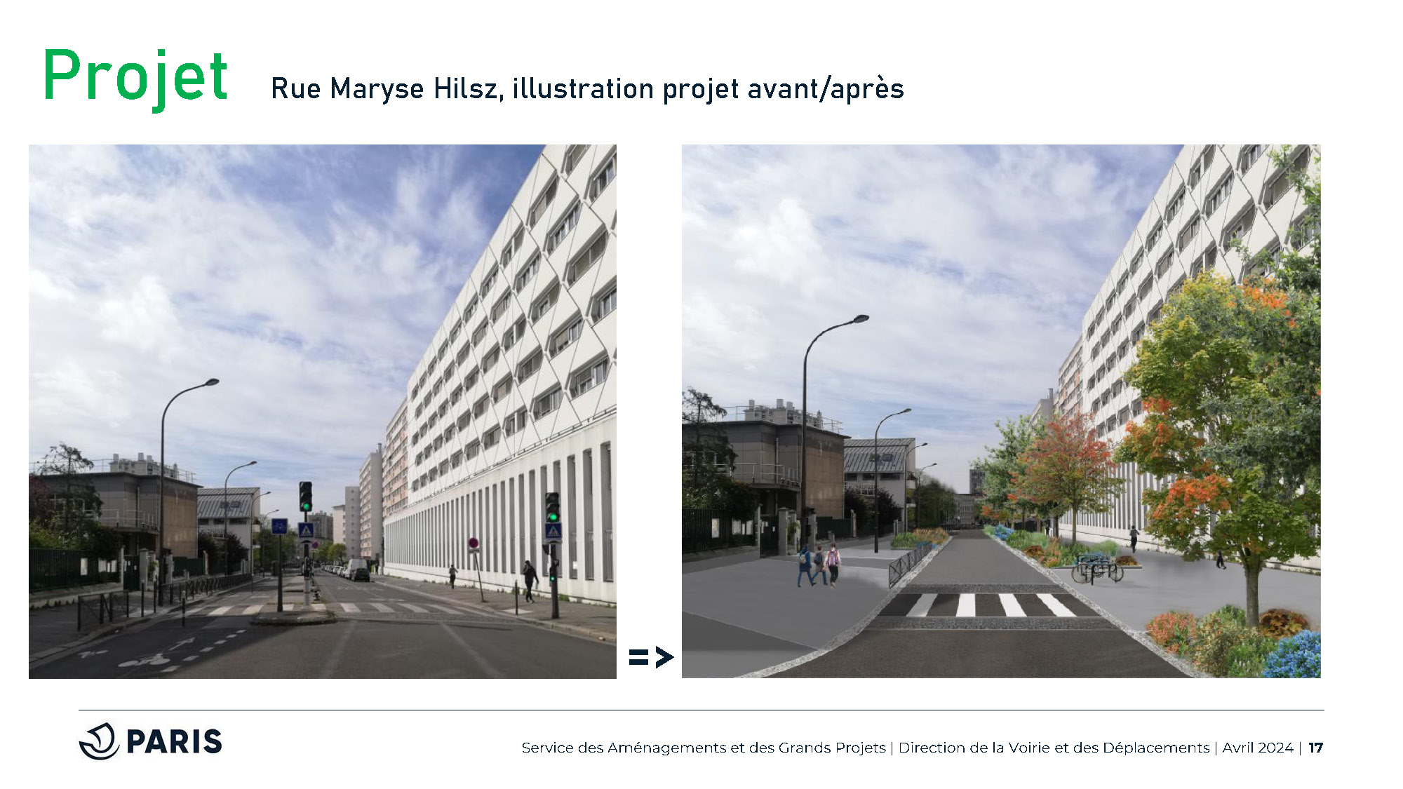Vue de la rue Maryse Hilsz, future rue aux écoles, illustration projet avant/après