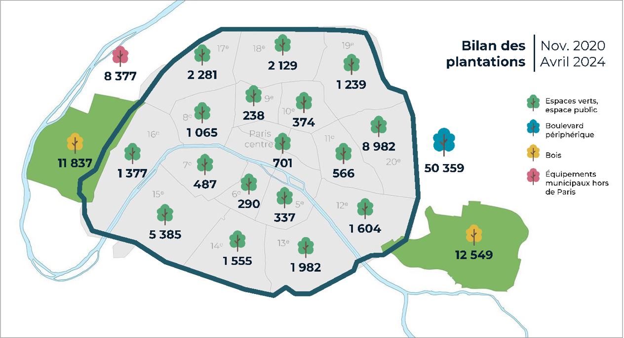 plan de paris avec la répartition des plantations par arrondissement