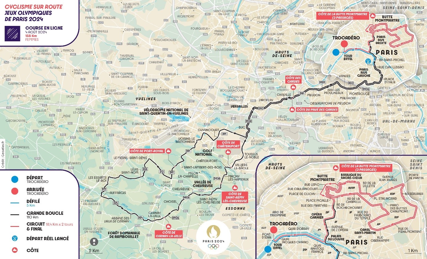On y voit le tracé de l'épreuve de cyclisme sur route femme