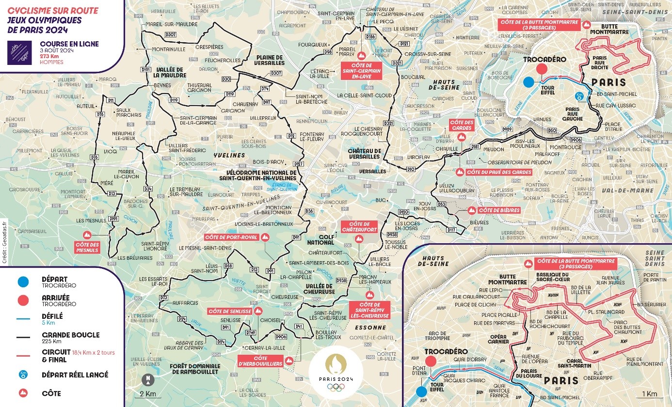 On y voit le tracé de l'épreuve de cyclisme sur route homme