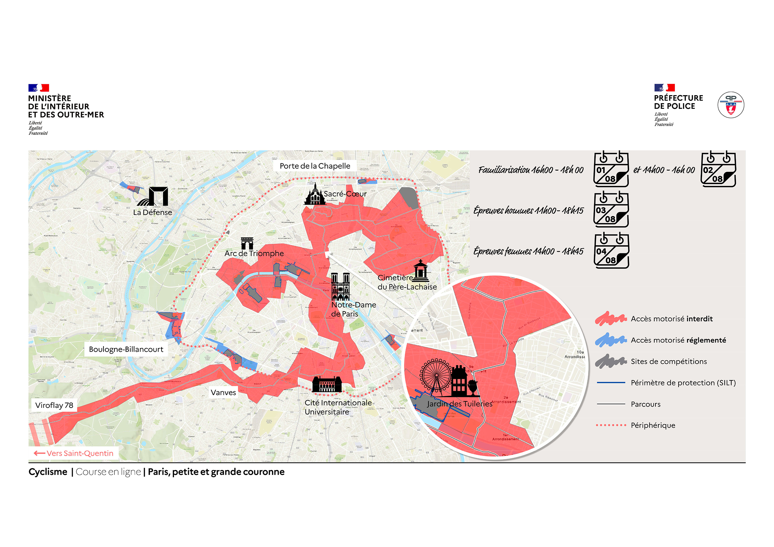 Carte de Paris présentant le parcours des épreuves de cyclisme sur toute, avec des zones rouges de sécurité