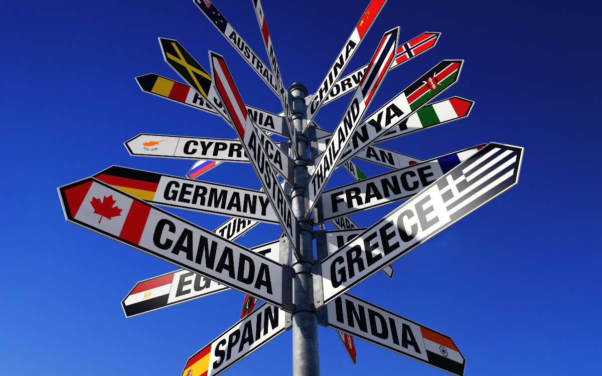 Multi-directional signs with country names.