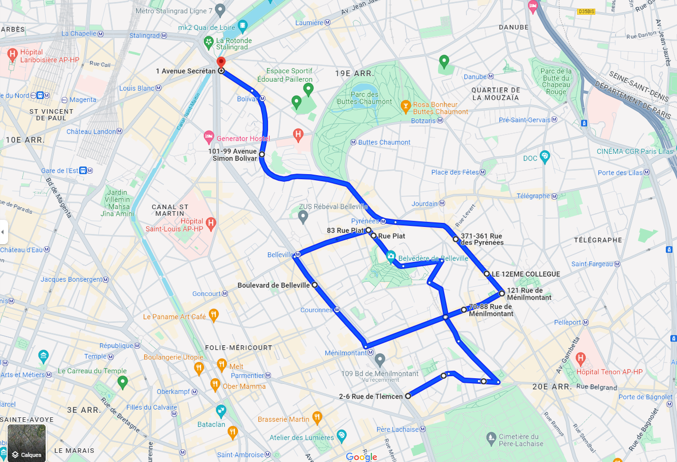 Plan Google Maps d'une balade en vélo