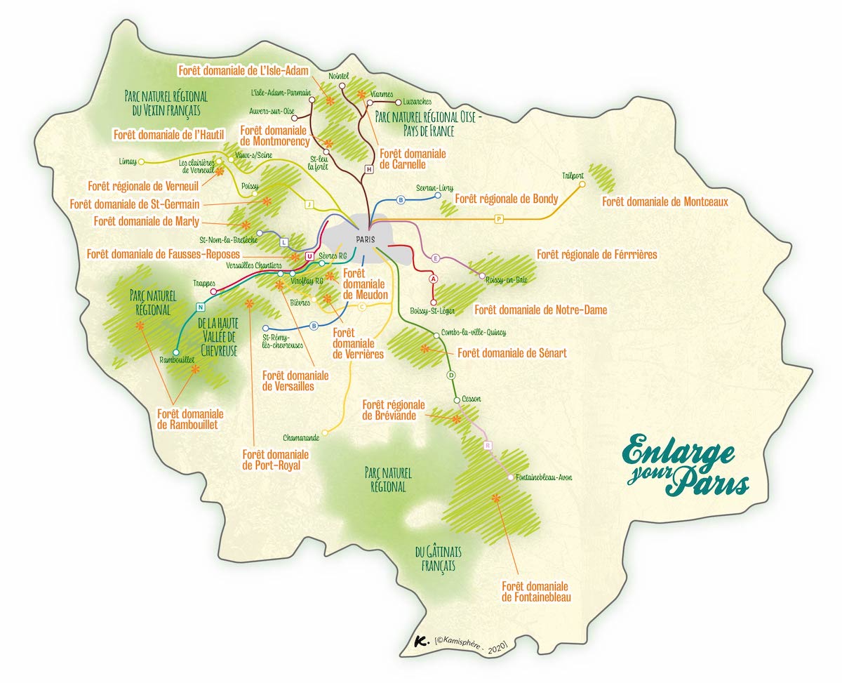 Carte dessinée avec les différents itinéraires pour rejoindre les forêts en transports en commun