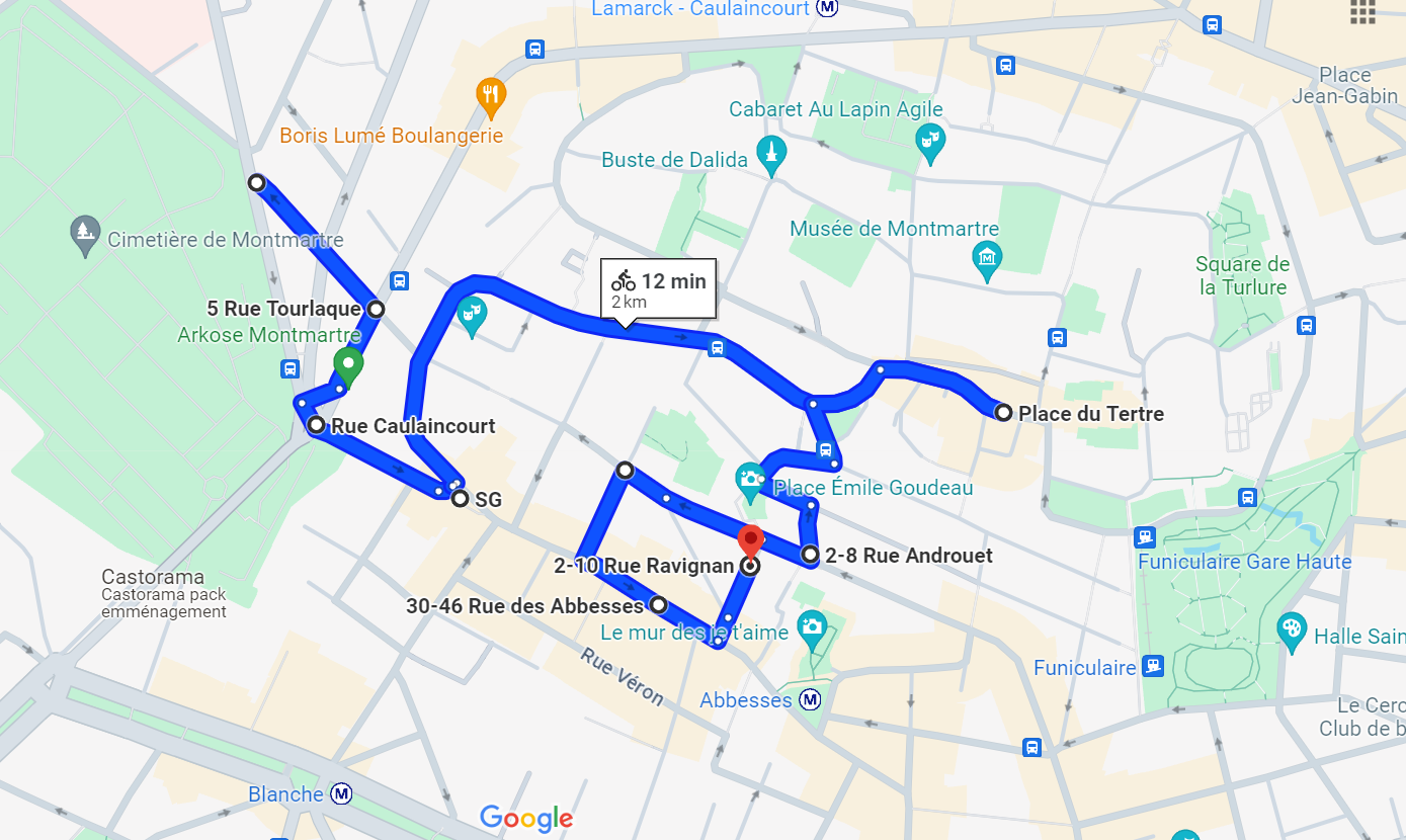 Carte Google Maps montrant une balade à vélo dans Montmartre