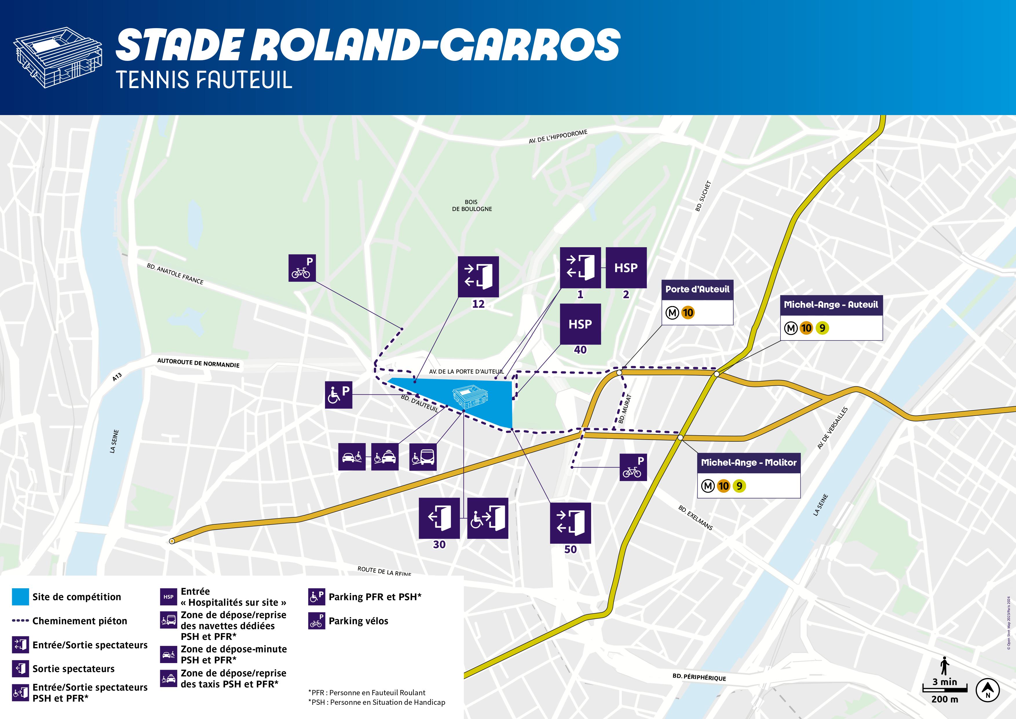 Carte d’accessibilité au site de compétition Stade Roland-Garros