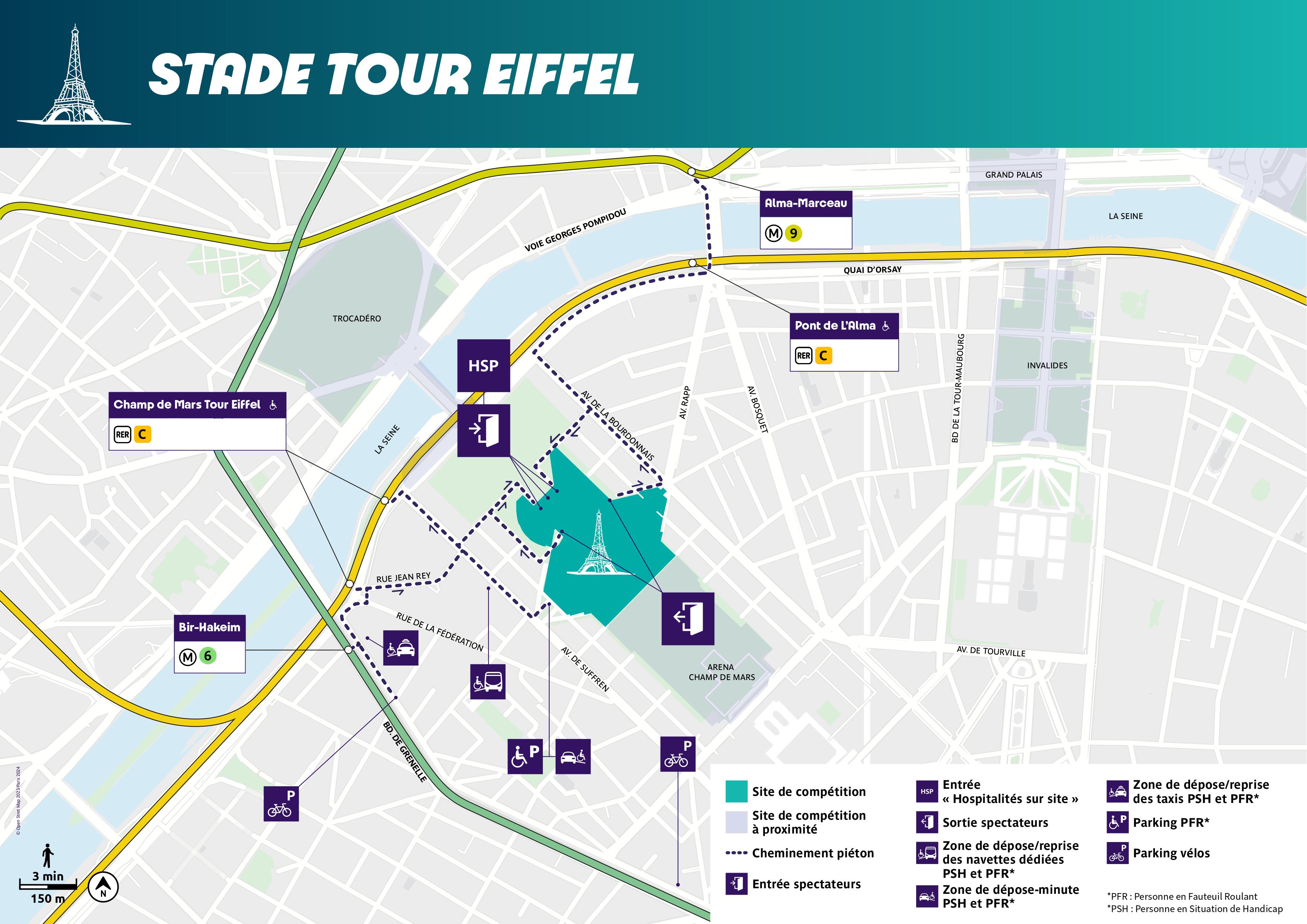 Carte d’accessibilité au site de compétition Stade Tour Eiffel