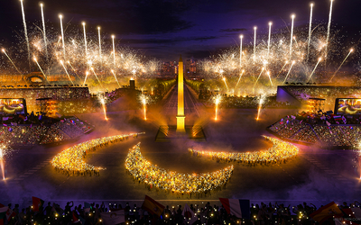 La place de la Concorde avec un feu d'artifice