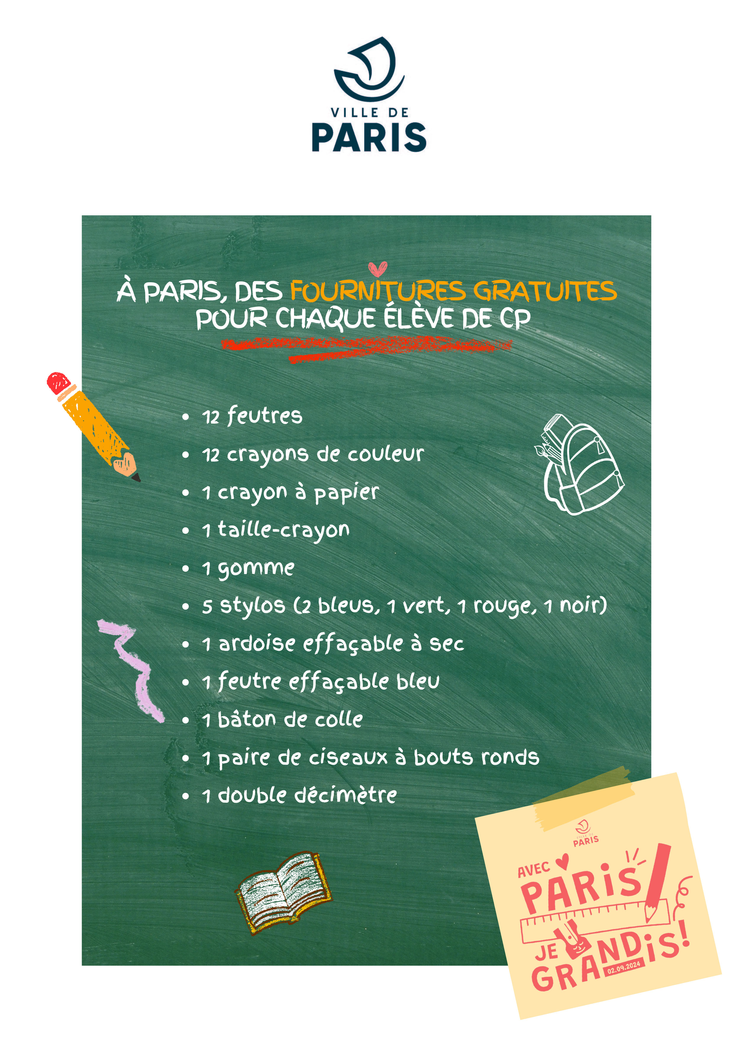 Image montrant un kit de fournitures scolaires destiné aux élèves de CP dans les écoles publiques parisiennes. 