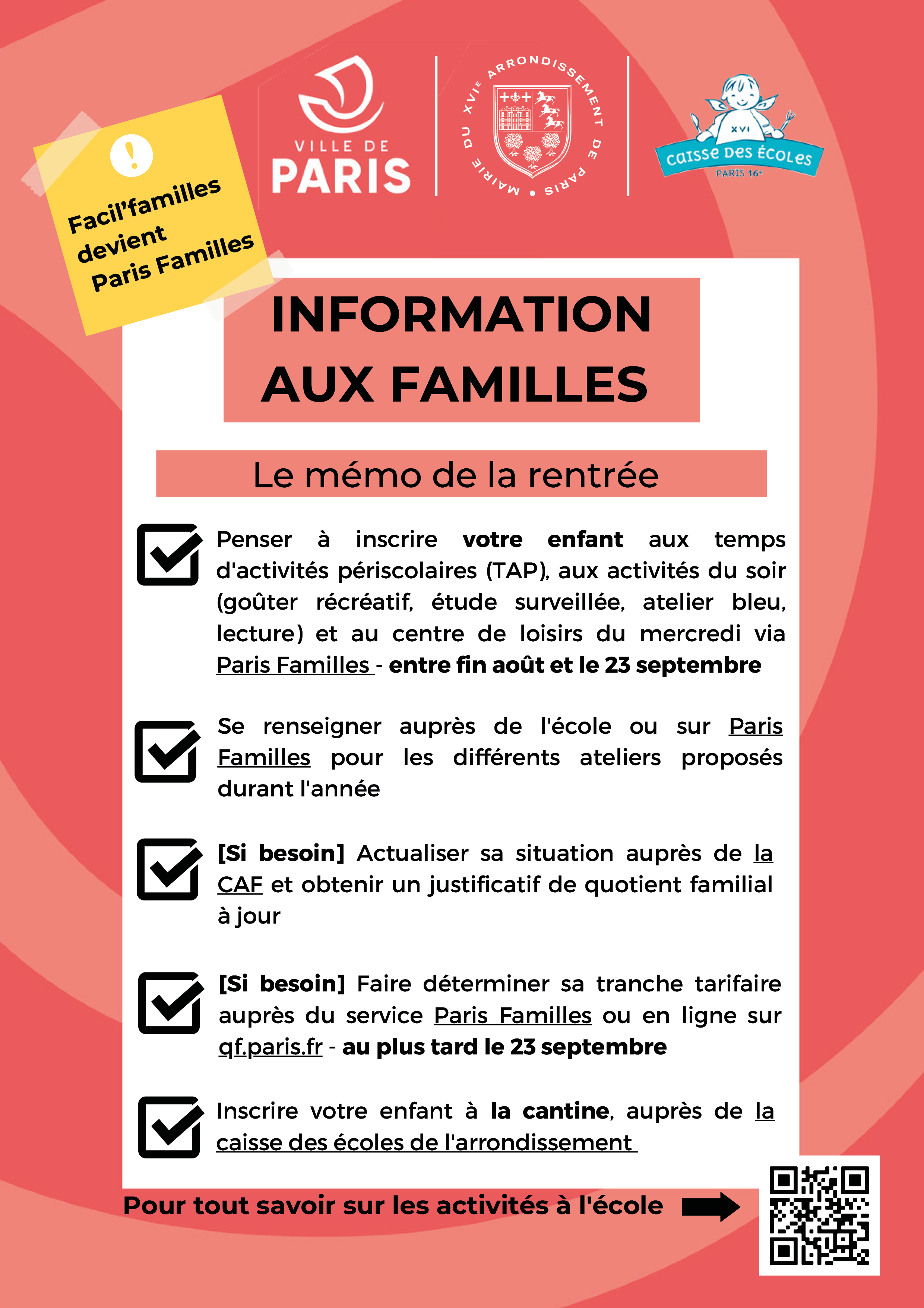 mémo de la rentrée pour les familles du XVIe