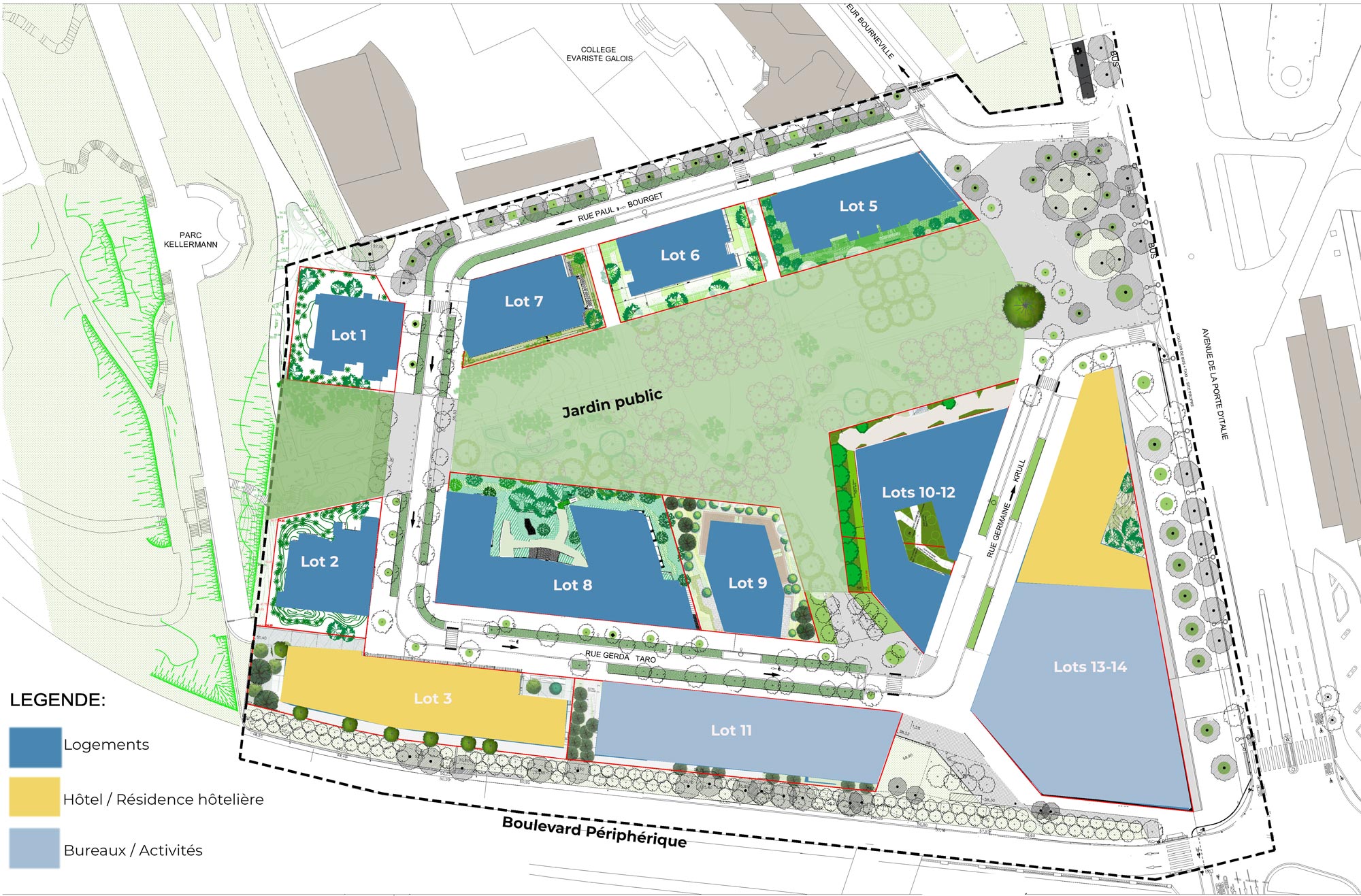 Plan du quartier paul bourget avec logements, hôtels, résidence hôtelière, bureaux, activités