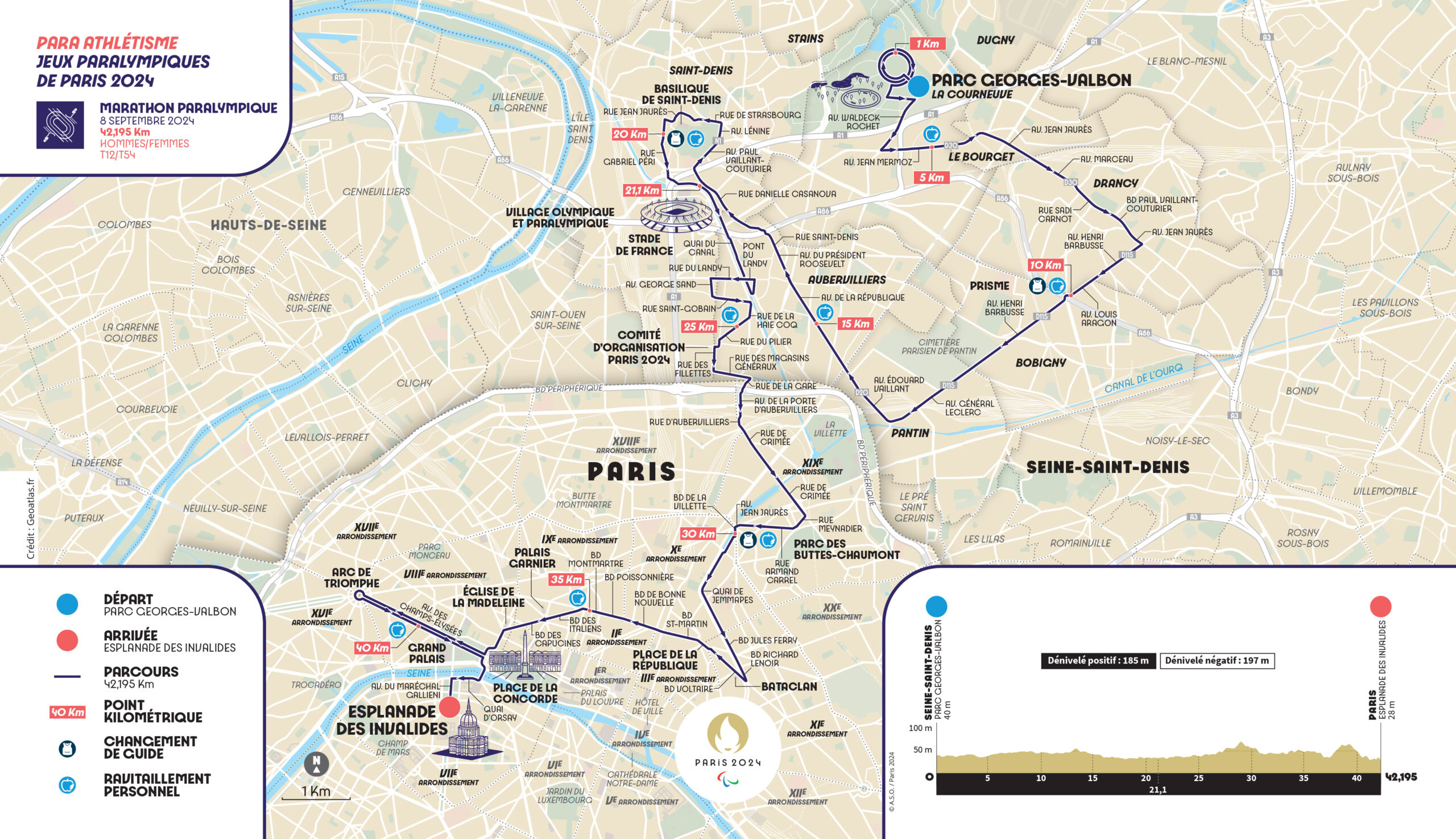 Carte figurant le tracé du marathon paralympique à travers Paris