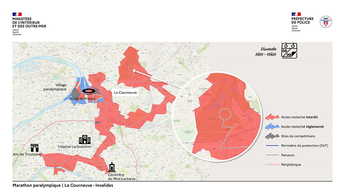 Carte de Paris figurant les zones de sécurité où la circulation sera réduite le 8 septembre