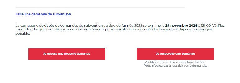 Bouton pour le renouvellement d'une demande de subvention