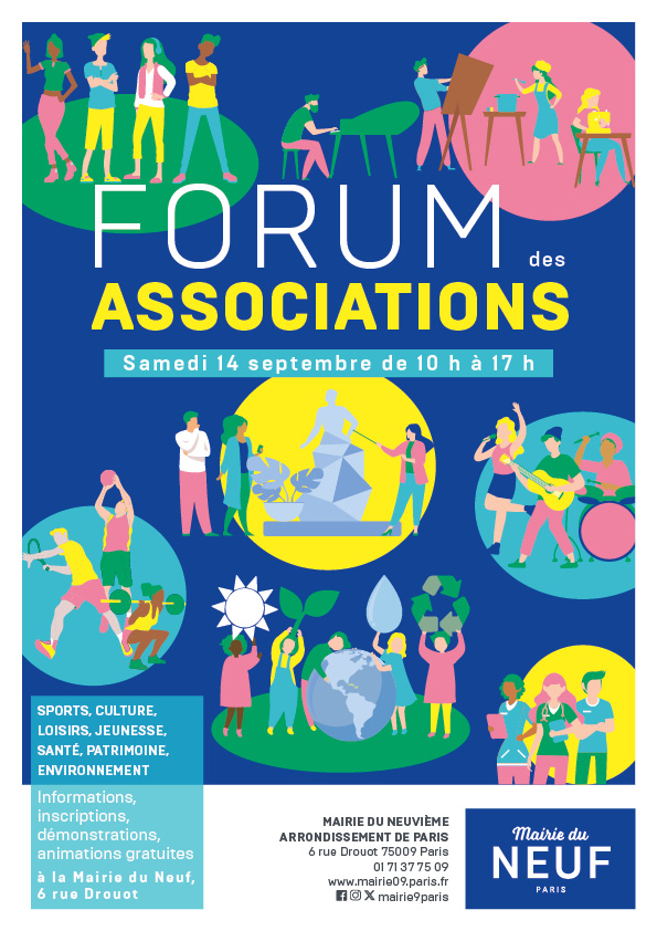 Forum des associations 2024 à la Mairie du 9ème le 14 septembre de 10h00 à 17h00 pour s'inscrire en associations sportives, culturelles, artistiques ou solidaires. 