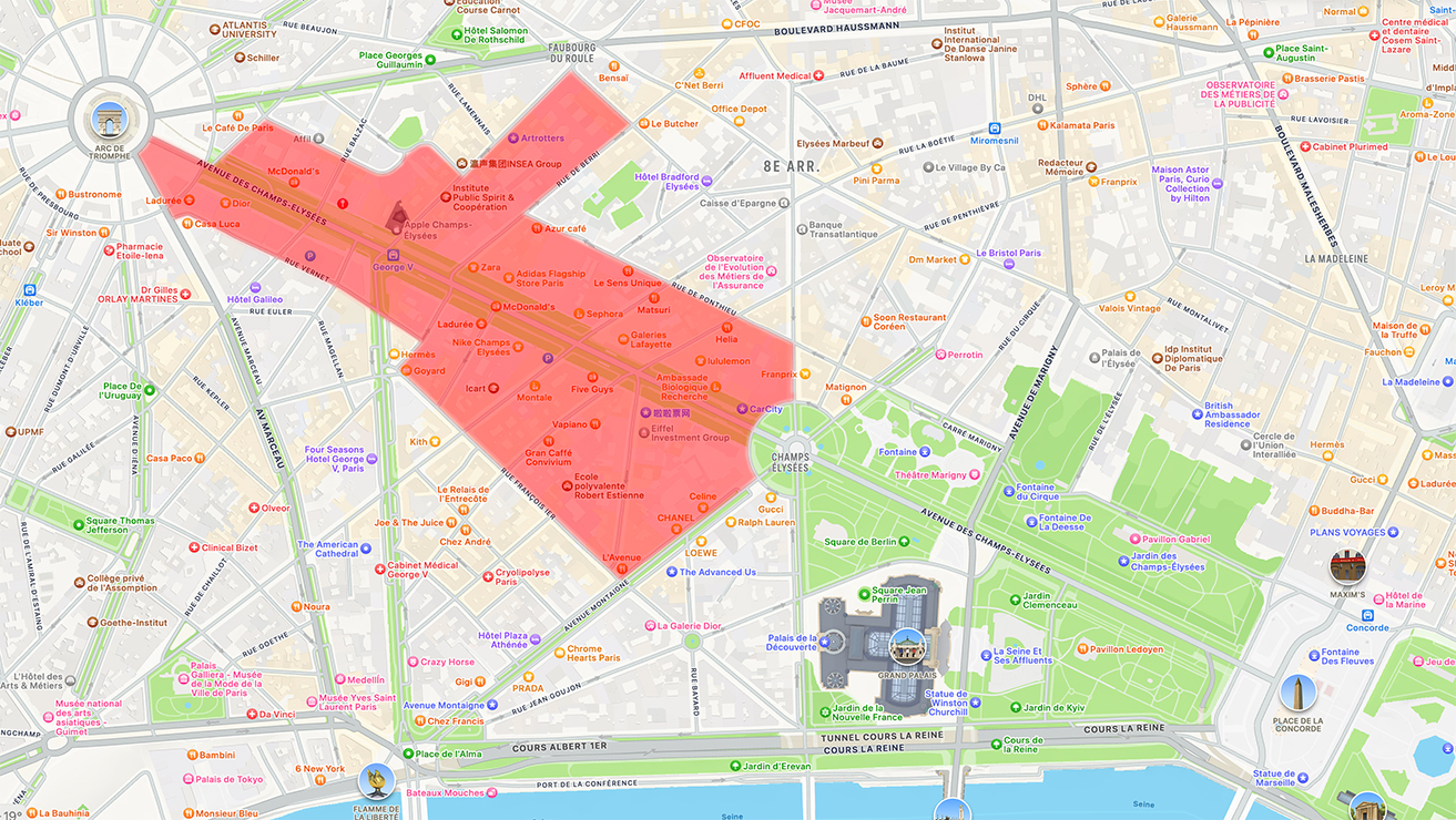 Carte avec des zones rouges autour des Champs-Elysées