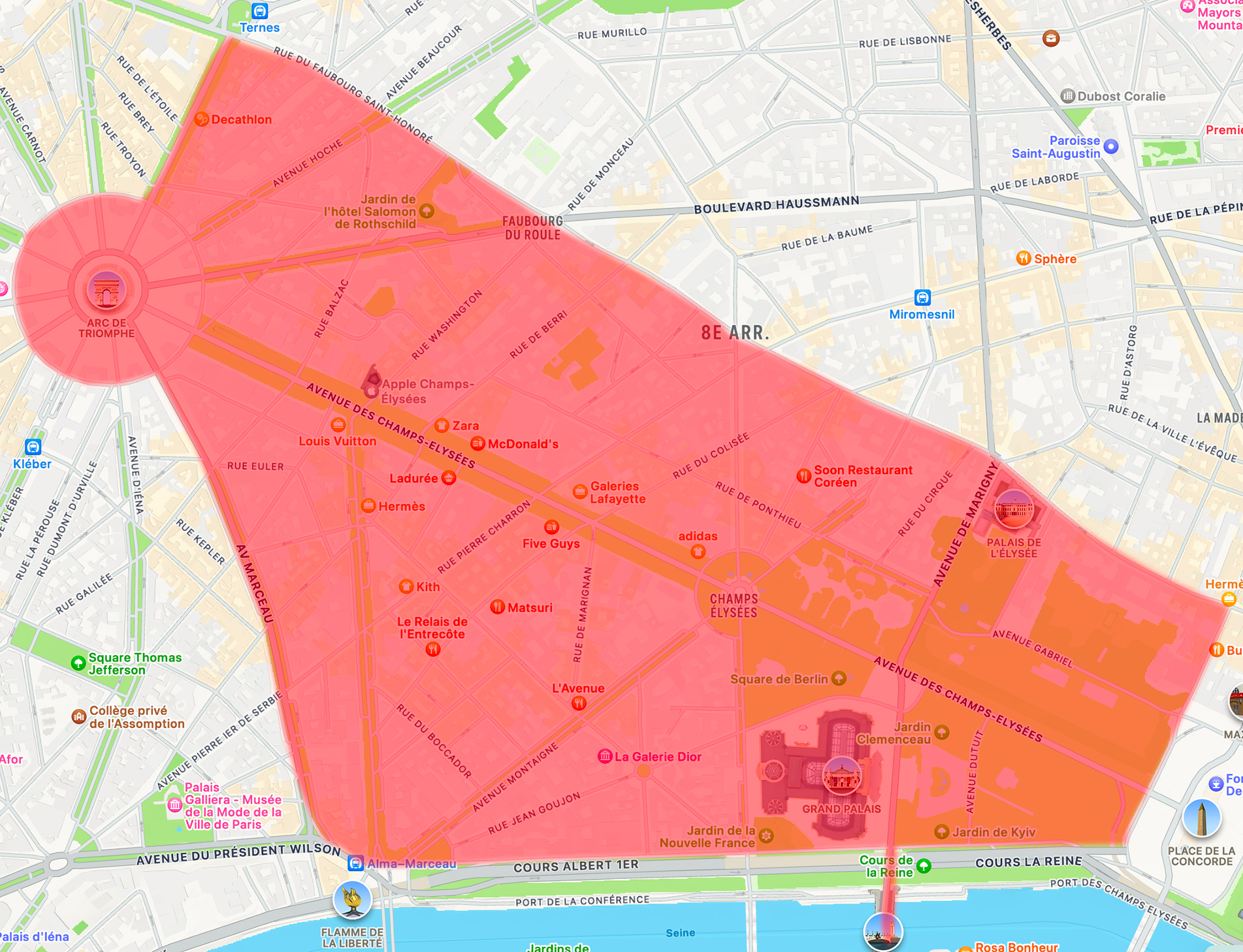 Zone rouge sur une carte du 8e arrondissement