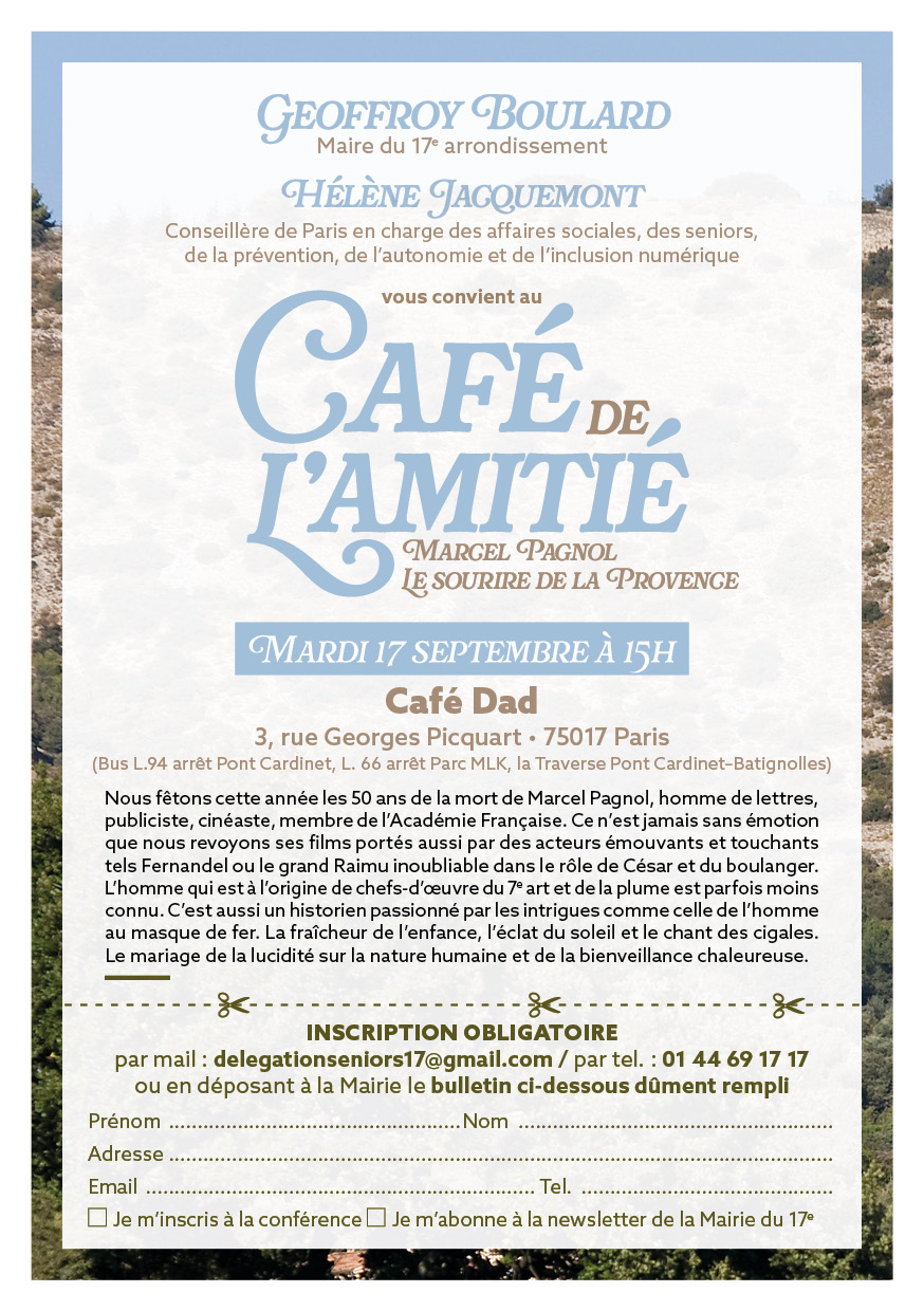 Une invitation au Café de l'amitié en hommage à Marcel Pagnol.