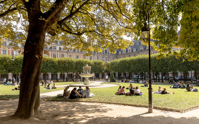 Des personnes profitant du soleil sur les pelouses de la place des Vosges. 